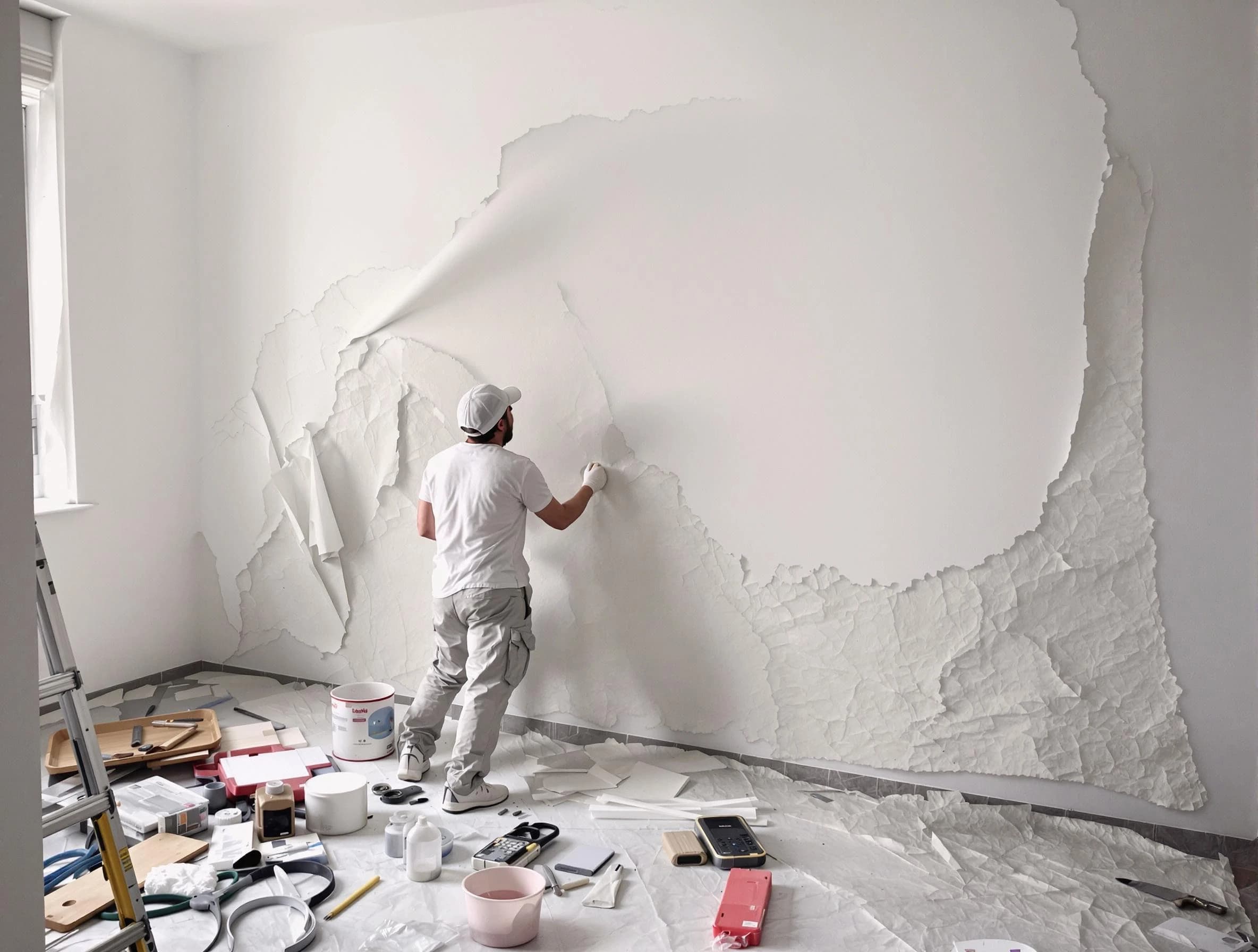 Removing old wallpaper to reveal clean walls by Green House Painters in Green
